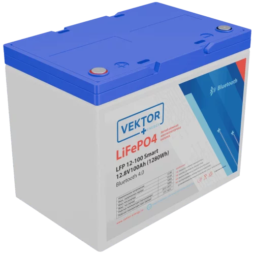 Батарея Vektor Energy серия LFP, LFP 12.8-100, напряжение 12.8В, емкость 100 Ач, макс. ток разряда 110А, макс. ток заряда 100 А, литий-ионная аккуумуляторная батарея, клеммы M8, ДxШxВ 258*166*215 мм.,