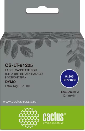 Картридж ленточный Cactus CS-LT-91205 91205 черный на синем 12x4 для Dymo Letra Tag LT-100H