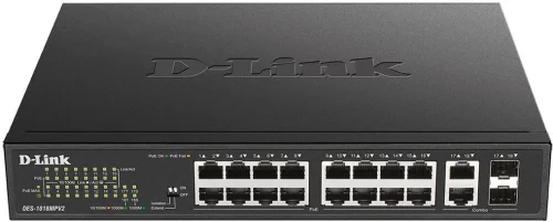 Коммутатор D-Link DES-1018MPV2/A 16x100Мбит/ с 2x1Гбит/ с 16PoE+ 247W неуправляемый