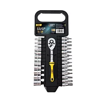 Набор торцевых головок и бит с трещоткой 27 предметов Deli DL0027T 1/4" (12 торцевых головок 4-14 мм, 14 головок-бит SL4,SL5.5,SL7;PH1,PH2;T10,T15,T20,T25,T30;H4,H5,H6,H7, трещотка 45 зубьев, сталь 50BV30