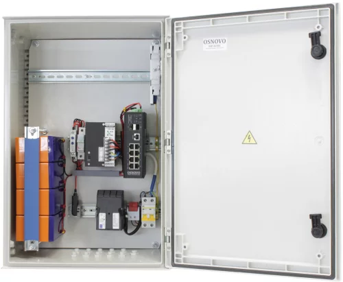 Уличный коммутатор OSNOVO OSP-46TB1(SW-80802/ILS(port 90W)) Уличный управляемый (L2+) коммутатор на 10 портов с термостабилизацией, резервным питанием и функцией мониторинга температуры/влажности/напряжения на базе улич