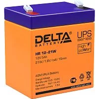 Батарея DELTA серия HR-W, HR 12-21 W, напряжение 12В, емкость 5Ач (разряд 20 часов), макс. ток разряда (5 сек.) 75А, макс. ток заряда 1.5А, свинцово-кислотная типа AGM, клеммы F2, ДxШxВ 90х70х101мм., вес 1.8кг., срок службы 8 лет./ Battery DELTA series H