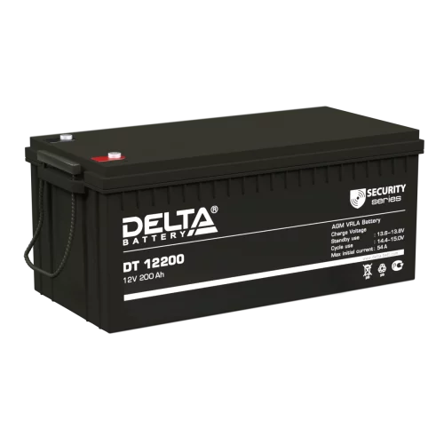 Батарея DELTA серия DT, DT 12200, напряжение 12В, емкость 200Ач (разряд 20 часов), макс. ток разряда (5 сек.) 1500А, макс. ток заряда 60А, свинцово-кислотная типа AGM, клеммы под болт М8, ДxШxВ 522х238х218мм., вес 54кг., срок службы 10 лет./ Battery DELT