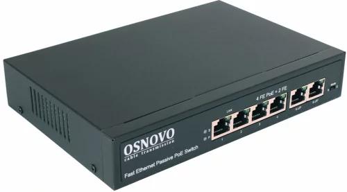 PoE Коммутатор OSNOVO SW-20600/A(80W) Passive PoE коммутатор Fast Ethernet на 6 портов. Порты: 4 х FE (10/100 Base-T, 52V 4,5(+) 7,8(–)) совместимы с PoE (IEEE 802.3af/at), 2 x FE (10/100 Base-T) Uplink. Совместим с