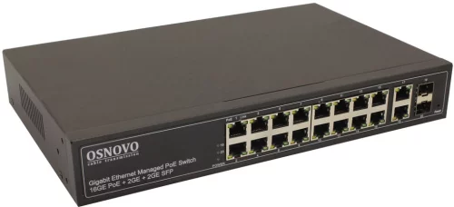 PoE Коммутатор OSNOVO SW-8182/L(300W) Управляемый L2+ PoE коммутатор Gigabit Ethernet на 16 RJ45 PoE + 2 x RJ45 + 2 GE SFP портов. Порты: 2 x GE (10/100/1000Base-T) с PoE (до 90W, A+B) + 14 x GE (10/100/1000Base-T)