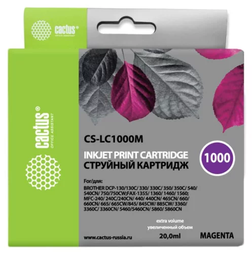 Картридж струйный Cactus CS-LC1000M пурпурный (20мл) для Brother DCP 130C/330С/MFC-240C/5460CN с чипом