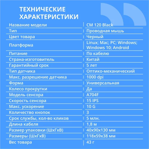 CBR CM 120 Black USB, Мышь офисн., оптич., 1000 dpi, 3 кн., 1,8 м фото 2