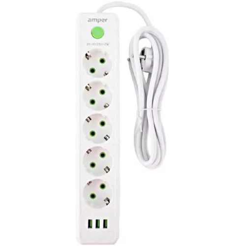 Amper сетевой удлинитель, 2,0м, 5 розеток, 10А, 2500 Вт, 3usb, белый. (JH-1033U-2W)
