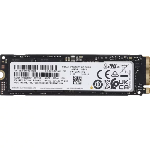 Твердотельный накопитель/ Samsung SSD PM9A1, 1024GB, M.2(22x80mm), NVMe, PCIe 4.0 x4, R/W 7000/5100MB/s, IOPs 1 000 000/850 000, DRAM buffer 1024MB (12 мес.) (MZVL21T0HCLR-00B00)