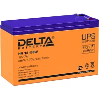 Батарея DELTA серия HR-W, HR 12-28 W, напряжение 12В, емкость 7Ач (разряд 20 часов), макс. ток разряда (5 сек.) 140А, макс. ток заряда 2.1А, свинцово-кислотная типа AGM, клеммы F2, ДxШxВ 151х65х94мм., вес 2.2кг., срок службы 8 лет./ Battery DELTA series