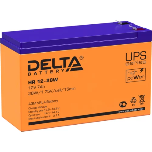 Батарея DELTA серия HR-W, HR 12-28 W, напряжение 12В, емкость 7Ач (разряд 20 часов), макс. ток разряда (5 сек.) 140А, макс. ток заряда 2.1А, свинцово-кислотная типа AGM, клеммы F2, ДxШxВ 151х65х94мм., вес 2.2кг., срок службы 8 лет./ Battery DELTA series