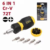 Отвертка с трещоткой с набором бит 6-в-1 Deli DL636182N 6 бит Cr-V (SL5,SL6,PH0,PH1,T10,T20), трещотка 72 зуба