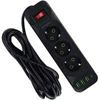 Amper сетевой удлинитель, 4,0м, 3 розетки, 10А, 2500 Вт, 3usb,1Type-C, черный. (JH-1081U-4B)
