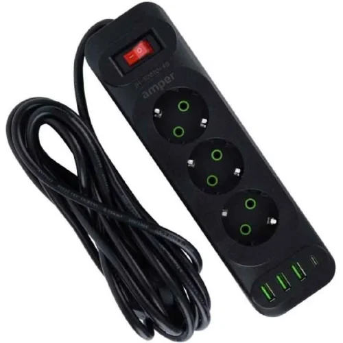 Amper сетевой удлинитель, 4,0м, 3 розетки, 10А, 2500 Вт, 3usb,1Type-C, черный. (JH-1081U-4B)