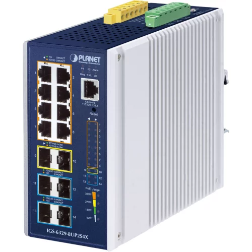 коммутатор/ PLANET IP30 DIN-rail Industrial L3 8-Port 10/ 100/ 1000T 802.3bt PoE + 2-port 1G/ 2.5G SFP + 4-Port 10G SFP+ Full Managed Switch (-40 to 75 C, 8-port 95W PoE++, 802.3bt/ PoH/ Force modes, DIDO, (IGS-6329-8UP2S4X)
