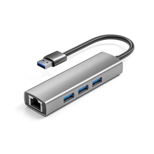 ORIENT JK-340N, разветвитель-сетевая карта USB 3.2 Gen1 (5 Гбит/ c), порты: 3xUSB-A + RJ45 Gigabit Ethernet, RTL8153, 100/ 1000 Мбит/ с, кабель USB Type-A, алюминиевый корпус, серебристый (33308)