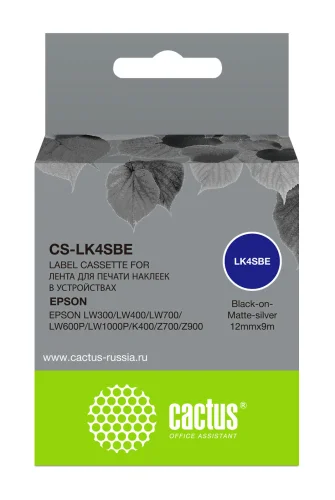 Картридж ленточный Cactus CS-LK4SBE LK-4SBE черный на сереб.мат. 12x9 для Epson LW300/LW400/LW700/LW600P/LW1000P/K400/Z700/Z900