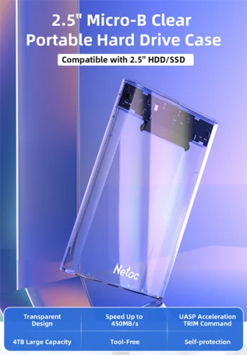 Внешний корпус NETAC WH11 [NT07WH11-30B0] для HDD/SSD 2.5 SATA -] USB3.0 прозрачный, A to B cable