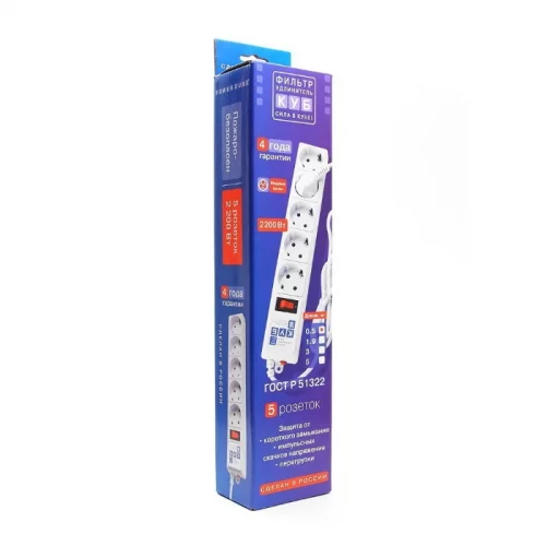 Фильтр-удлинитель Power Cube B 1.9 м 5 розеток (белый) 10А/2,2кВт/ Surge protector Power Cube B 1.9 m 5 outlets (white) 10A / 2.2kW (SPG-B-6-WHITE) фото 2