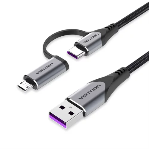 Vention USB 2.0 A Male to 2-in-1 USB-C&Micro-B Male 5A Cable 1M Gray Aluminum Alloy Type (CQFHF)