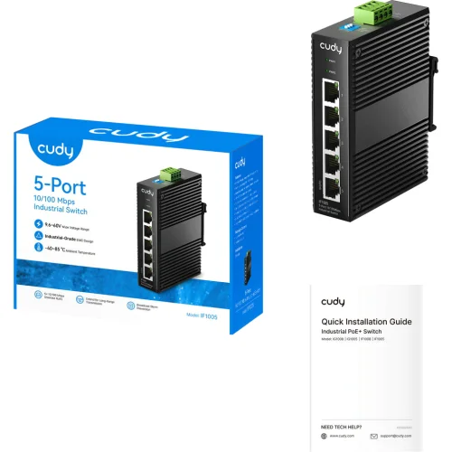 Промышленный коммутатор/ 5-Port 10/ 100M Aluminum Industrial Switch, 4 10/ 100M Ports, 1 10/ 100M Uplink Ports, Din-Rail& Wall mounts installation, Din-rail design, Power supply: DC 9.6~57V, work temp (IF1005) фото 3
