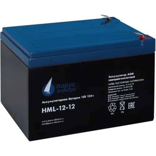 Battery Parus Electro, professional series HML-12-12, voltage 12V, capacity 12Ah (discharge 20 hours), max. discharge current (5sec) 180A, max. charge current 4.8A, lead-acid type AGM, terminals F2, LxWxH 151x98x95mm., full height with terminals 101mm., w