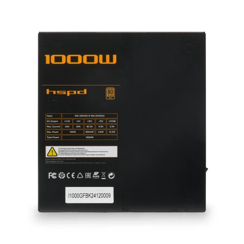 Блок питания/ Power Supply HSPD, 1000W 80+ Gold (ATX, 3.1, PCIe 5.1, Full modular, 1x24(20+4)pin 600mm, 2xCPU 8(4+4)pin 700mm, 2xPCIe*2 8(6+2)pin 550+150mm, 1x12V(2x6) 12+4pin 600W 550mm 2xSATA*3 500 (HSI-1000GF-BK) фото 3