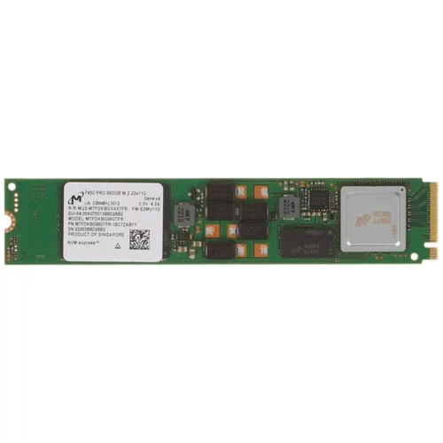 Серверные твердотельные накопители/ Micron SSD 7450 PRO, 960GB, M.2(22x110mm), NVMe, PCIe 4.0 x4, 3D TLC, R/W 5000/1400MB/s, IOPs 520 000/82 000, TBW 1700, DWPD 1 (12 мес.) (MTFDKBG960TFR-1BC1ZABYY)