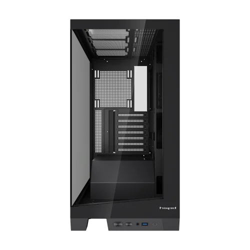 Корпус без блока питания/ Case HSPD F550, Mid Tower, Black, TG, 0.7 SPCC, no fans ATX, mATX, mITX 185/ 420/ 200mm 3x2.5, 3x3.5, 7xPCI 1xUSB-A 3.0, 1xUSB-C 433x245x473mm (F550-TGBK)