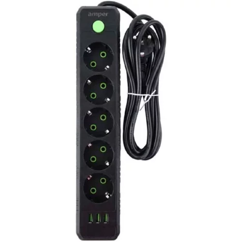 Amper сетевой удлинитель, 4,0м, 5 розеток, 10А, 2500 Вт, 3usb, черный. (JH-1033U-4B)