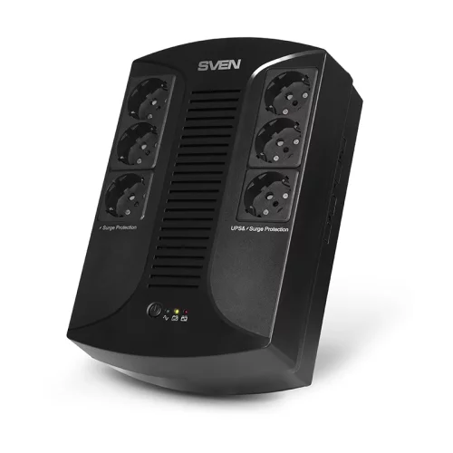 ИБП SVEN UP-L1000E, линейно-интерактивный, AVR, 1000ВА, 510Вт, 6 евро розеток 6*CEE7/ 4 (3х UPS/ сетевой фильтр+3 x сетевой фильтр) , LED-индикация, черный, габариты 185 ? 280 ? 95мм, 5.9кг/ UPS SVEN UP (SV-016593)