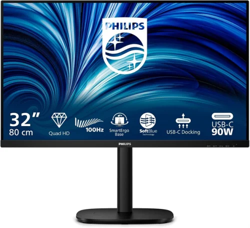 Монитор 31,5 Philips 32B2U3601 2560x1440, WLED, 16:9, IPS, 350cd, 1500:1, 50М:1, 4ms, 178/ 178, HDMI, DP,USB-hub 4хUSB 3.2, USB-C(PD90W), RJ45, 100Hz, Speakers, Tilt, HAS, Swivel, Pivot, Internal, VESA, Black (32B2U3601/01)