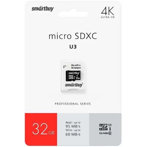 Micro SecureDigital 32GB Smartbuy серия Pro U3/ A1/ V30, 95/ 60 МБ/ с, с адаптером S (SB32GBSDCL10U3L-01)
