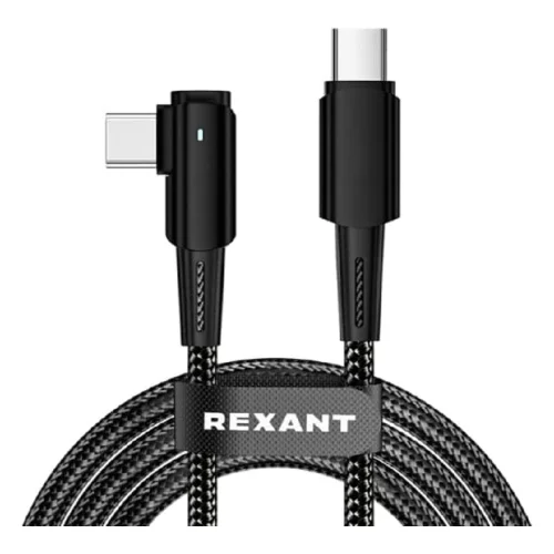 Rexant (18-7070) Кабель Type-C – Type-C, 5А, 100Вт, 1м, в черной нейлоновой оплетке, с угловым штекером и световой индикацией