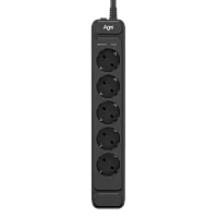 Сетевой фильтр AGNI плоский TP-FS5E-5m-black, 5 розеток Schuko, чёрный, кабель 5 метров, мощность нагрузки 4000 Вт, 16А, заземление, защита от короткого замыкания, сечение кабеля 3 х 1.5 кв.мм., разме