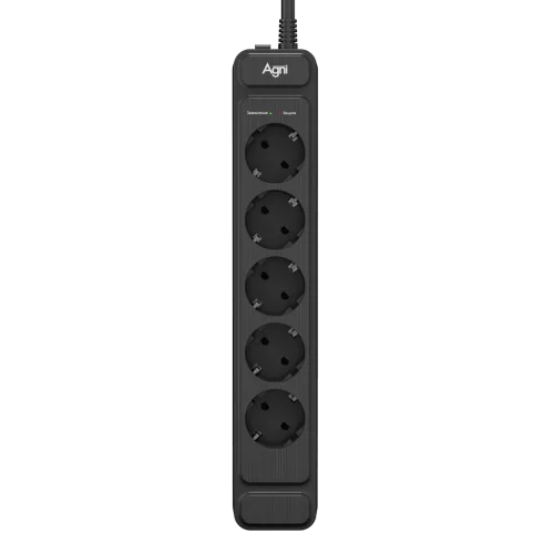 Сетевой фильтр AGNI плоский TP-FS5E-5m-black, 5 розеток Schuko, чёрный, кабель 5 метров, мощность нагрузки 4000 Вт, 16А, заземление, защита от короткого замыкания, сечение кабеля 3 х 1.5 кв.мм., разме