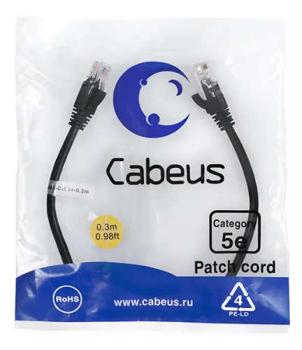 Cabeus PC-UTP-RJ45-Cat.5e-0.3m-BK-LSZH Патч-корд U/ UTP, категория 5е, 2xRJ45/ 8p8c, неэкранированный, черный, LSZH, 0.3м