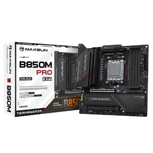 MAXSUN MS-Terminator B850M PRO DARK WIFI (Socket AM5, mATX, 4*DDR5(192Gb), DP/HDMI, 2*SATA3, 3*M.2, 1*PCIEx16/1*PCIEx4, 1* Type-C, 4*USB 2.0, 4*USB 3.2, LAN 1*2.5G, SPDIF, WiFi 6E, RTL)
