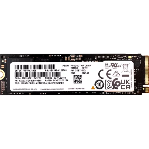 Твердотельный накопитель/ Samsung SSD PM9A1, 2048GB, M.2(22x80mm), NVMe, PCIe 4.0 x4, R/W 7000/5200MB/s, IOPs 1 000 000/850 000, DRAM buffer 2048MB (12 мес.) (MZVL22T0HBLB-00B00)