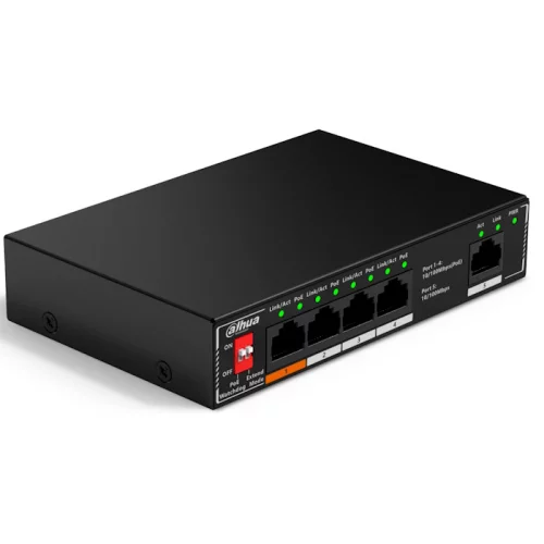 *Коммутатор Dahua DH-SF1005P, 5-портовый неуправляемый коммутатор с РоЕ, 4xRJ45 100Mb PoE, 1xRJ45 100Mb uplink, суммарно 60Вт, коммутация 1.8 Гбит/ с, MAC-таблица 2K, металл