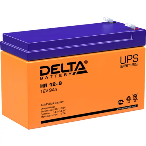 Батарея DELTA серия HR, HR 12-9, напряжение 12В, емкость 9Ач (разряд 20 часов), макс. ток разряда (5 сек.) 135А, макс. ток заряда 2.7А, свинцово-кислотная типа AGM, клеммы F2, ДxШxВ 151х65х94мм., вес 2.78кг., срок службы 8 лет./ Battery DELTA series HR,