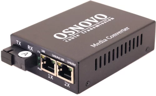 Медиаконвертер OSNOVO OMC-100-21S5a Оптический медиаконвертер Fast Ethernet. 2 медных порта (RJ45) 10/100Base-T (IEEE 802.3i, IEEE 802.3u, IEEE 802.3x), 1 оптический порт (SC, tx1310нм/rx1550нм) 100Base-FX. Дальност