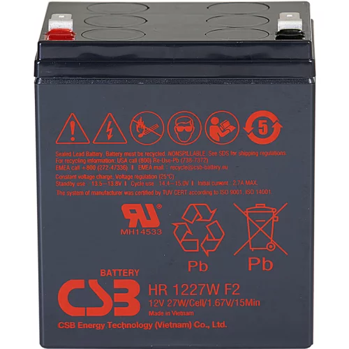 Батарея CSB серия HR, HR1227W F2, напряжение 12В, емкость 7.5Ач (разряд 20 часов), 27 Вт/ Эл при 15-мин. разряде до U кон. - 1.67 В/ Эл при 25 °С, макс. ток разряда (5 сек.) 130А, ток короткого замыкан