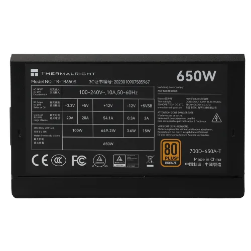 Блок питания Thermalright, 650W 80+ Bronze (TR-TB650S) Блок питания Thermalright, 650W 80+ Bronze (ATX, 3.0, Non-modular, 1x24(20+4)pin 550mm, 1xCPU*2 8(4+4)pin 600+150mm, 1xPCIe*2 8(6+2)pin 500+150mm, 1xSATA*3+MOLEX4pin*1 400+150+150+150mm, 1xSATA*2+MOLEX4pin*2 400+150+150+150mm, Ac (TR-TB650S) фото 2
