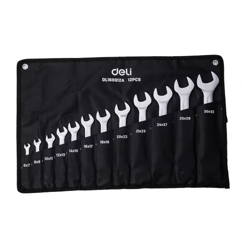 Набор двусторонних гаечных ключей 12 шт Deli DL160012A размеры 6x7, 8x9, 10x11, 12x13, 14x15, 16x17, 18x19, 20x22, 21x23, 24x27, 25x28, 30x32 мм, матовая хромированная поверхность, чехол из ткани Оксфорд