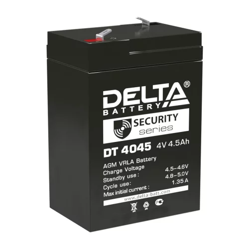 Батарея DELTA серия DT, DT 4045, напряжение 4В, емкость 4.5Ач (разряд 20 часов), макс. ток разряда (5 сек.) 60А, макс. ток заряда 1.35А, свинцово-кислотная типа AGM, клеммы F1, ДxШxВ 70х47х101мм., вес 0.5кг., срок службы 5 лет./ Battery DELTA series DT,