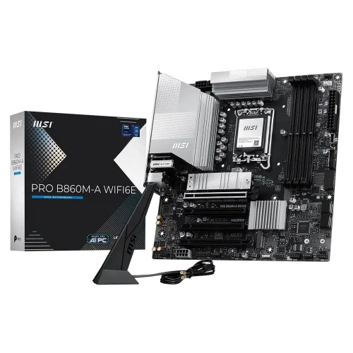 Материнская плата MSI PRO B860M-A WIFI6E B860, LGA1851, 4*DDR5, 4*PCIEx16, 3*M.2, 2*TypeC, 1*USB3.2Gen2, 6*USB3.2Gen1, 6*USB2.0, 4*SATA3.0, 5G, Type-C(DP), DP, HDMI, M-ATX, RTL