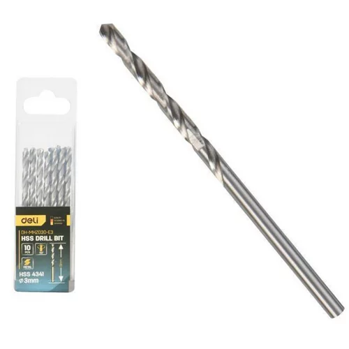 Набор сверл по металлу (3мм, 10 шт) Deli DH-MHZ030-E3 сталь HSS 4341, угол заточки 118 град, пласт. кейс