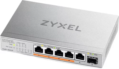 Коммутатор/ Мультигигабитный PoE++ коммутатор Zyxel XMG-105HP, 5xRJ-45: 1/2.5G (4 из них PoE++), 1xSFP+, настольный, бесшумный, бюджет PoE 70 Вт (XMG-105HP-EU0101F)