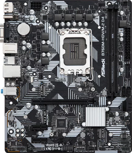 ASROCK B760M-HDV/ M.2 D4, LGA1700, B760, 2*DDR4, HDMI+DP+D-Sub, 4xSATA3 6.0 (RAID), M.2 Socket, 4xUSB 3.2, 1xUSB2.0, Type-C, mATX; 90-MXBL40-A0UAYZ (B760M-HDV/M.2 D4)